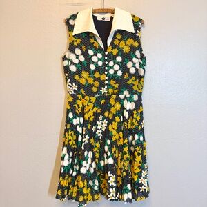 Vintage Kenny Classics 70s Floral Polka Dot Pleated Dress Dagger Collar Retro